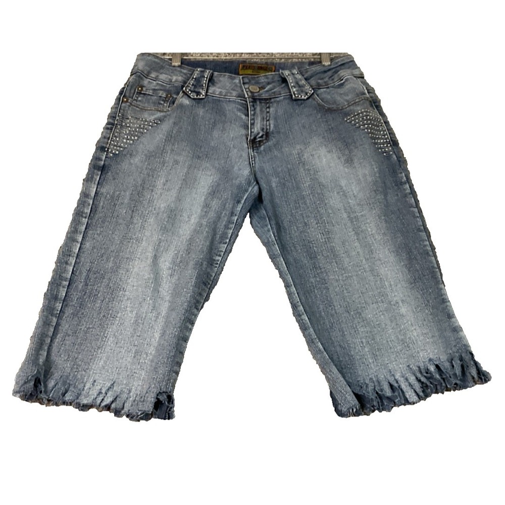 Y2K Paris Angel Embellished Jean Shorts Jorts Bermuda Bling Rhinestone 30W